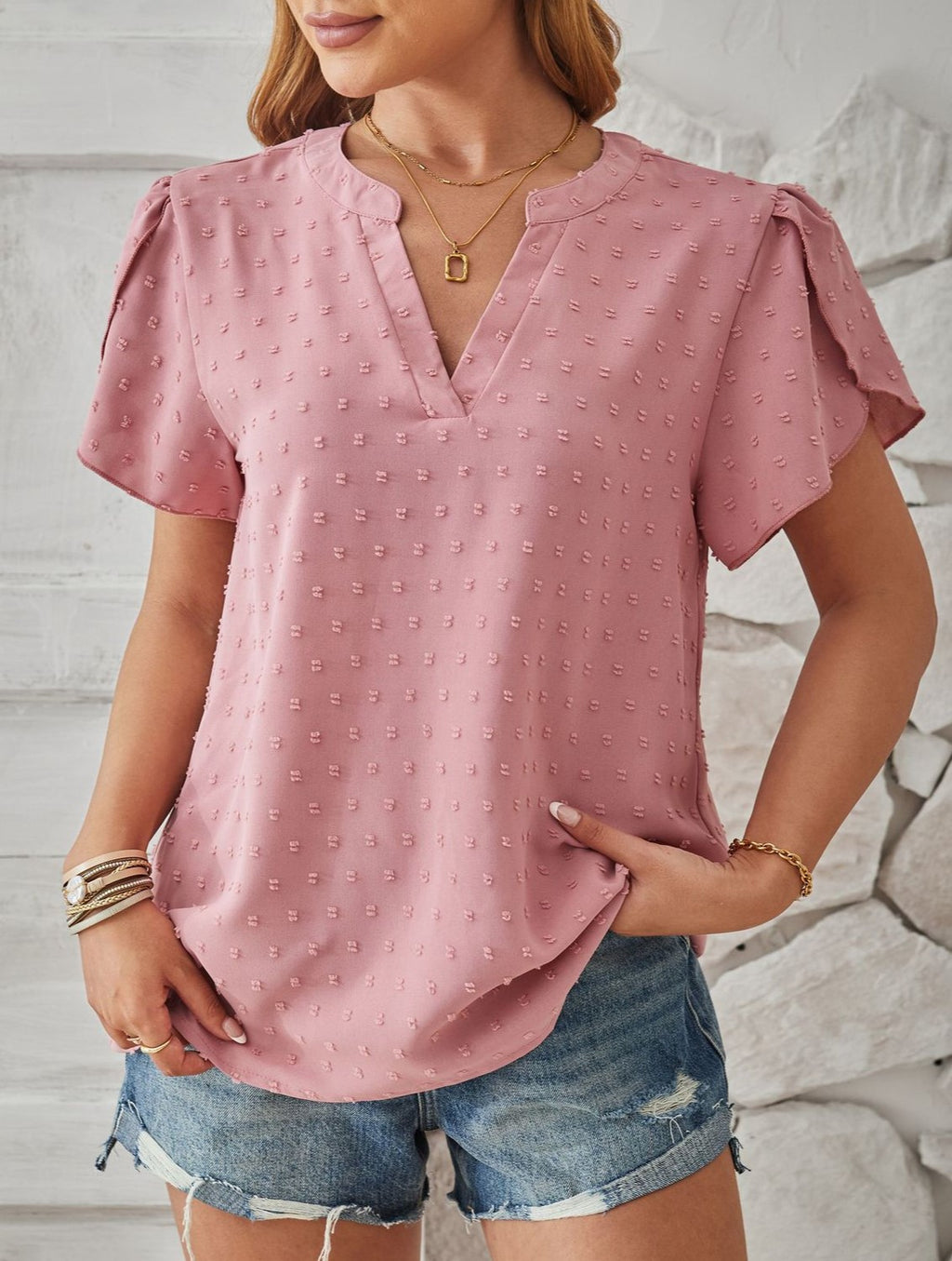 Pom Dot Notch Neck Petal Sleeve Top - Pink - 1
