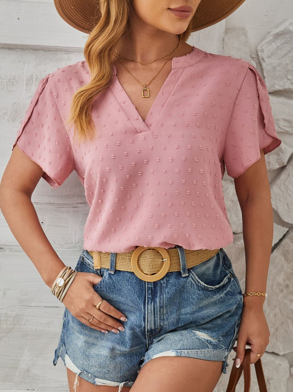 Pom Dot Notch Neck Petal Sleeve Top - Pink - 2