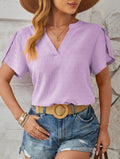 Pom Dot Notch Neck Petal Sleeve Top - Purple