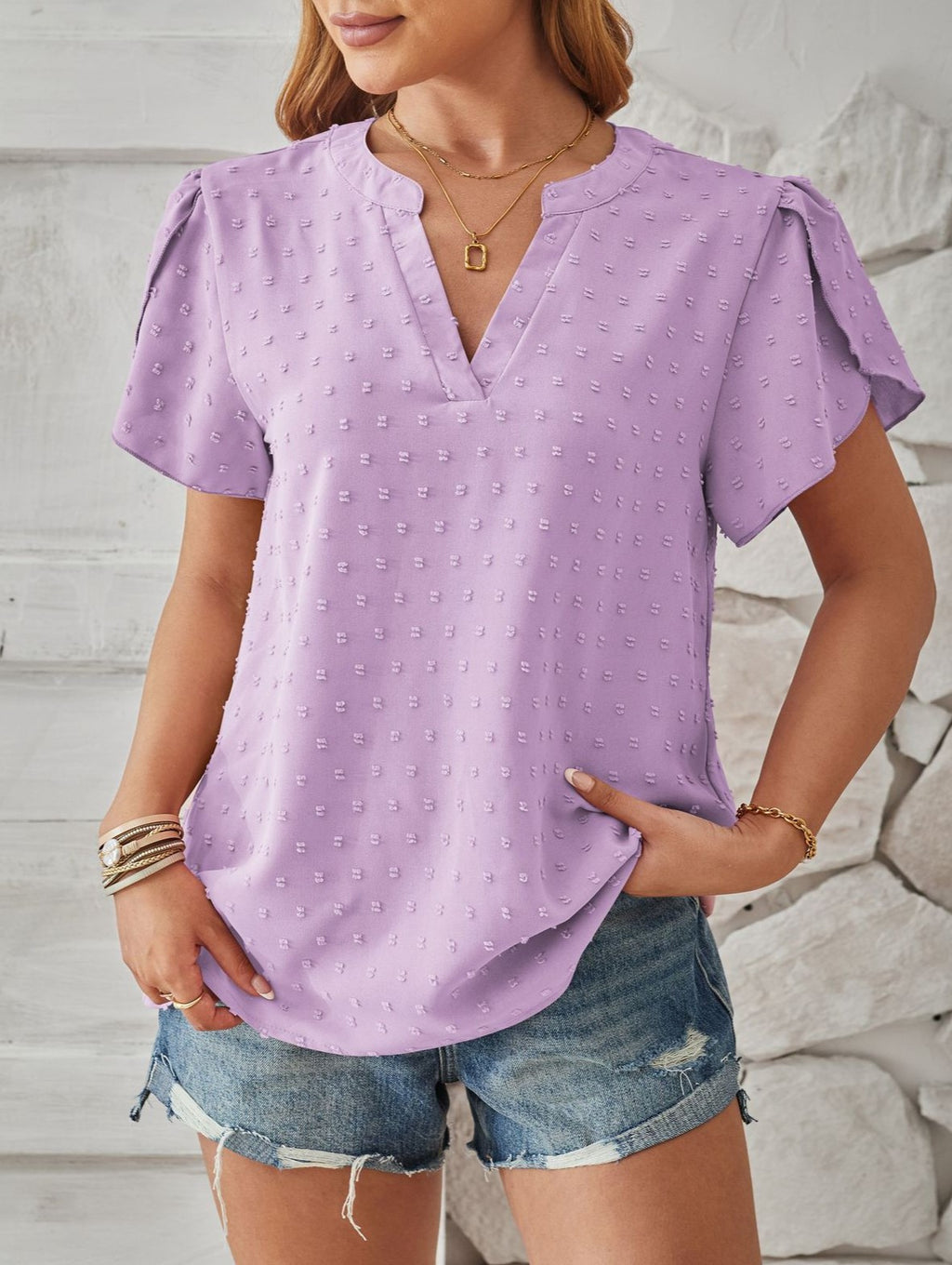 Pom Dot Notch Neck Petal Sleeve Top - Purple - 1