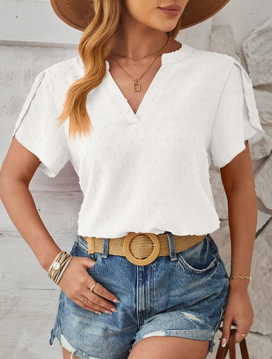 Pom Dot Notch Neck Petal Sleeve Top - White