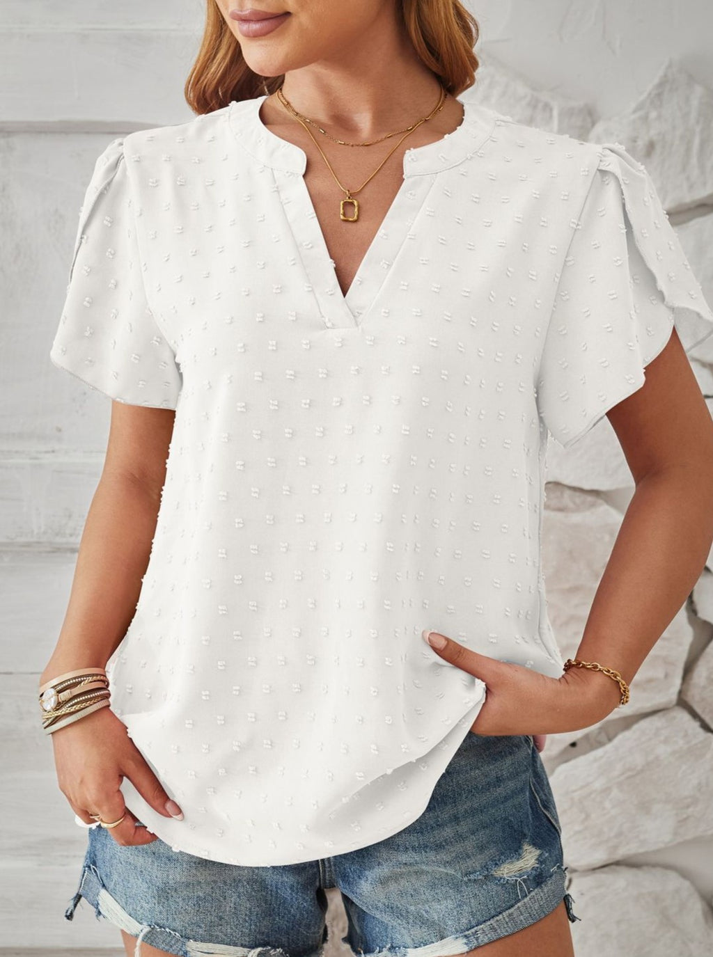 Pom Dot Notch Neck Petal Sleeve Top - White - 2