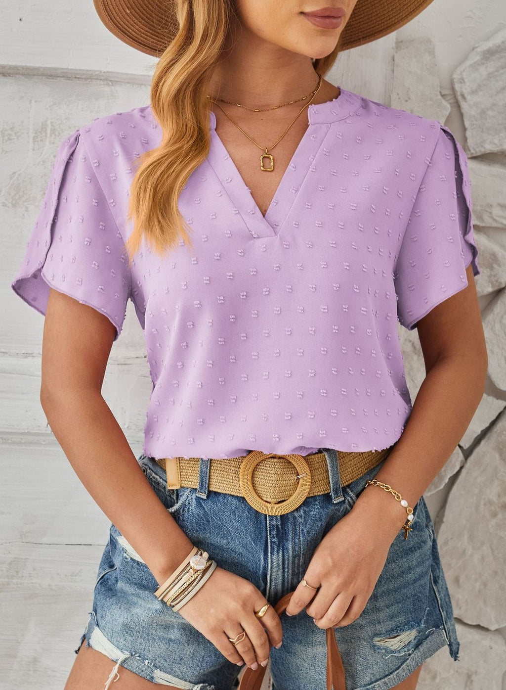 Pom Dot Notch Neck Petal Sleeve Top