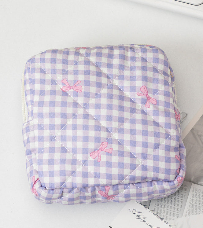 Mini Quilted Gingham And Bow Print Pouch - Purple