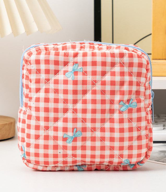 Mini Quilted Gingham And Bow Print Pouch - Red