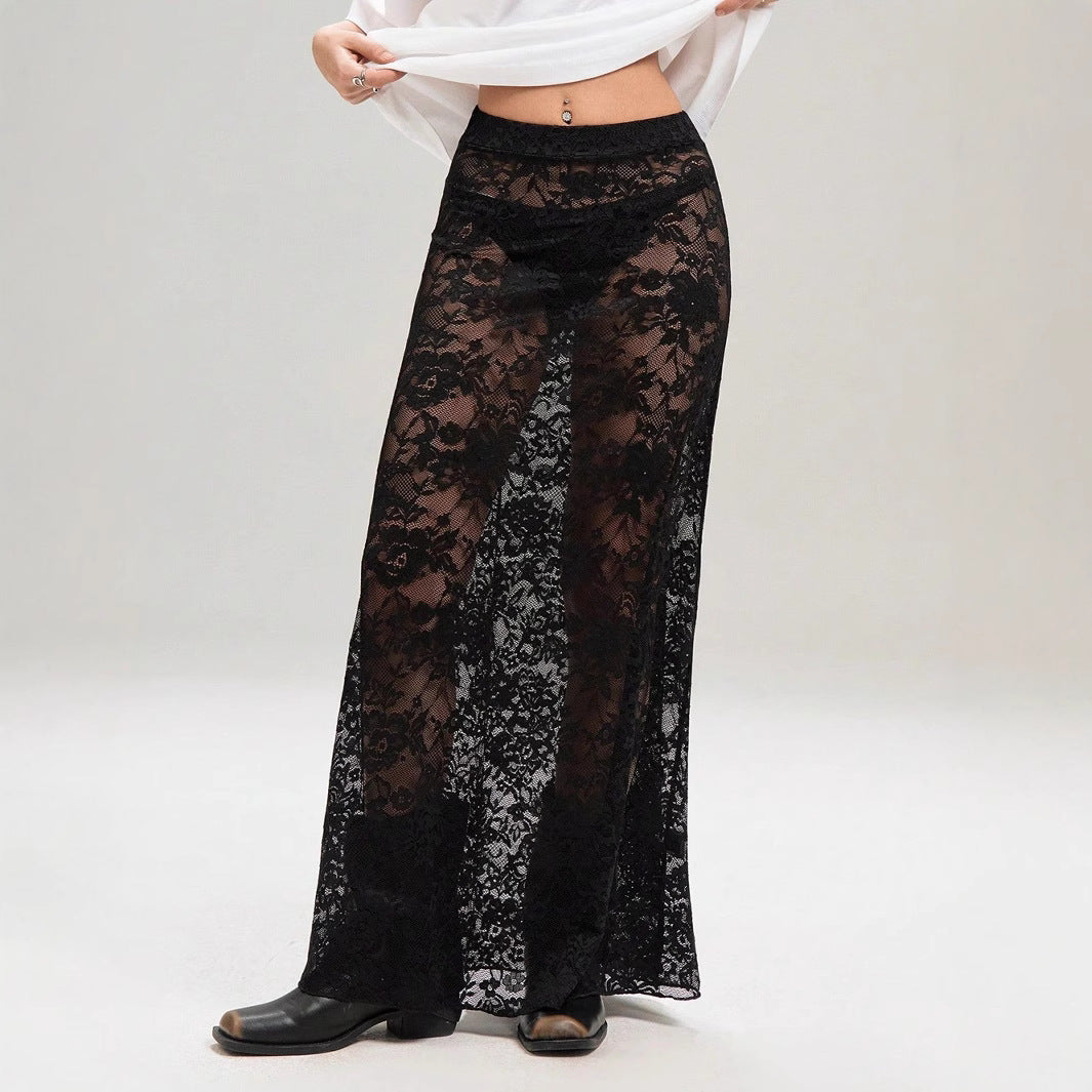 Floral Lace Panel Semi-Sheer Maxi Skirt - Black