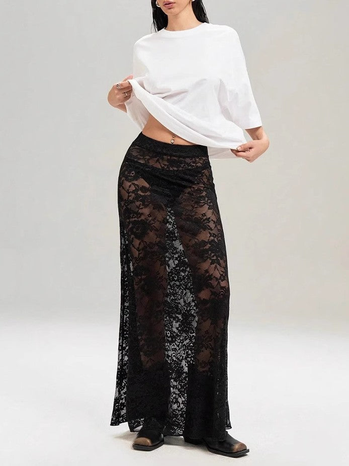 Floral Lace Panel Semi-Sheer Maxi Skirt