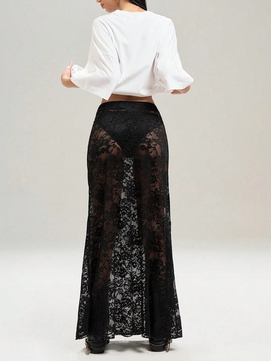 Floral Lace Panel Semi-Sheer Maxi Skirt - view 1