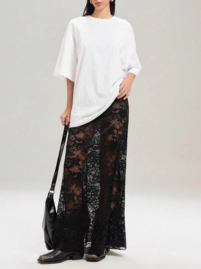 Floral Lace Panel Semi-Sheer Maxi Skirt - view 2