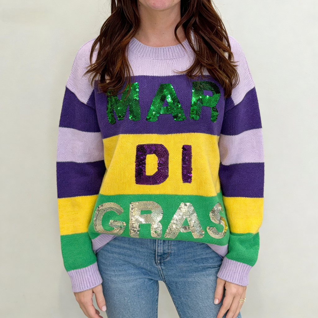 Sequin Mardi Gras Striped Knit Sweater - Purple