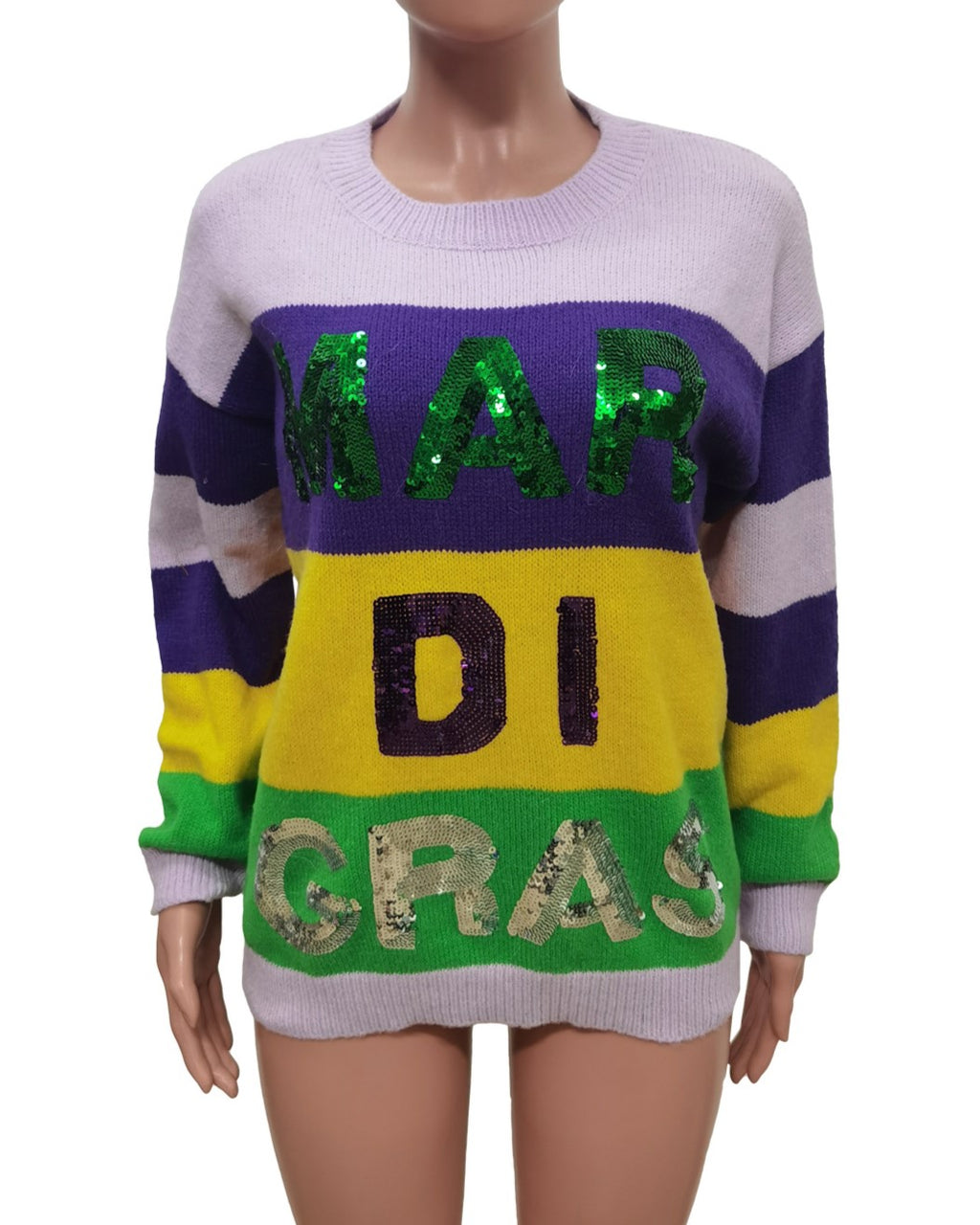 Sequin Mardi Gras Striped Knit Sweater - Purple - 2