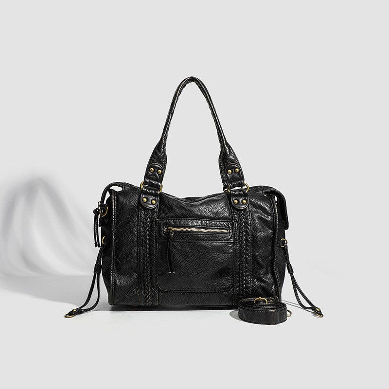 Washed Faux Leather Moto Shoulder Bag - Black