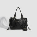 Washed Faux Leather Moto Shoulder Bag - Black