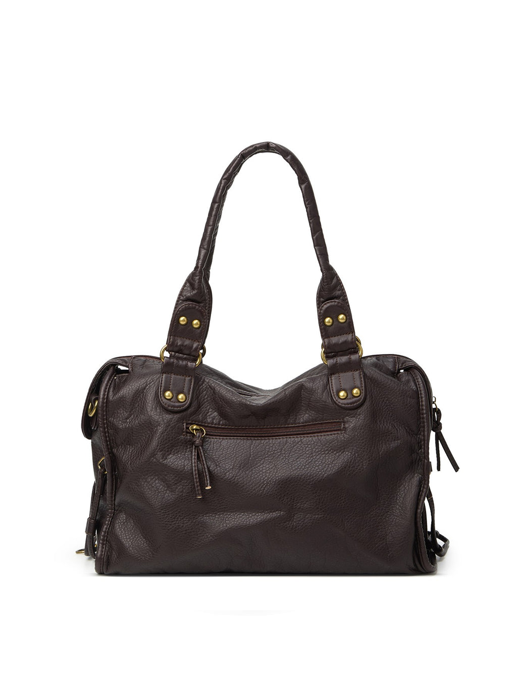 Washed Faux Leather Moto Shoulder Bag - Chocolate