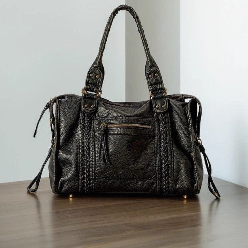 Washed Faux Leather Moto Shoulder Bag