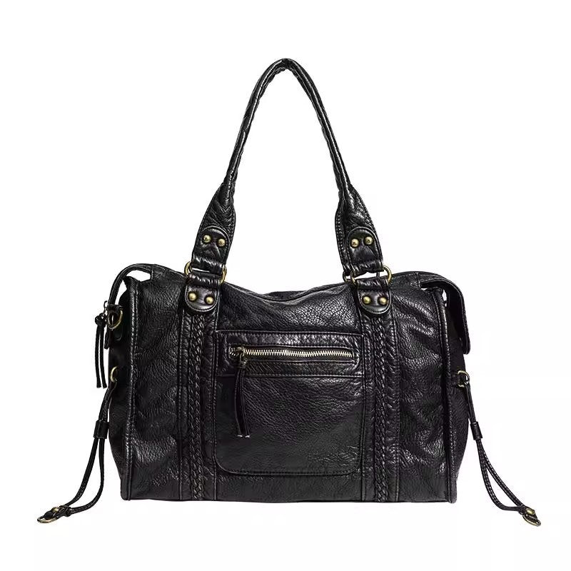 Washed Faux Leather Moto Shoulder Bag