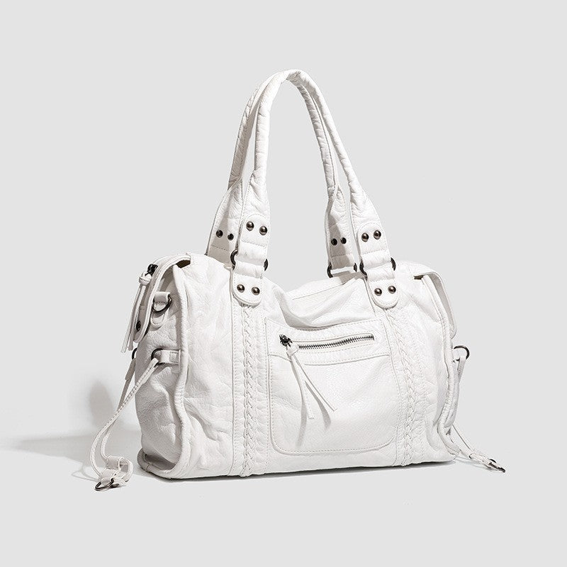 Washed Faux Leather Moto Shoulder Bag