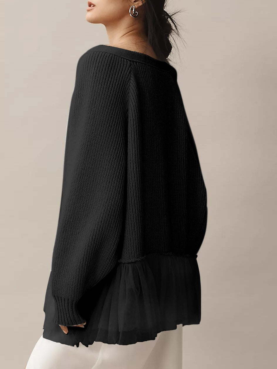 Oversized Ribbed Cardigan With Tulle Frill Hem - Black