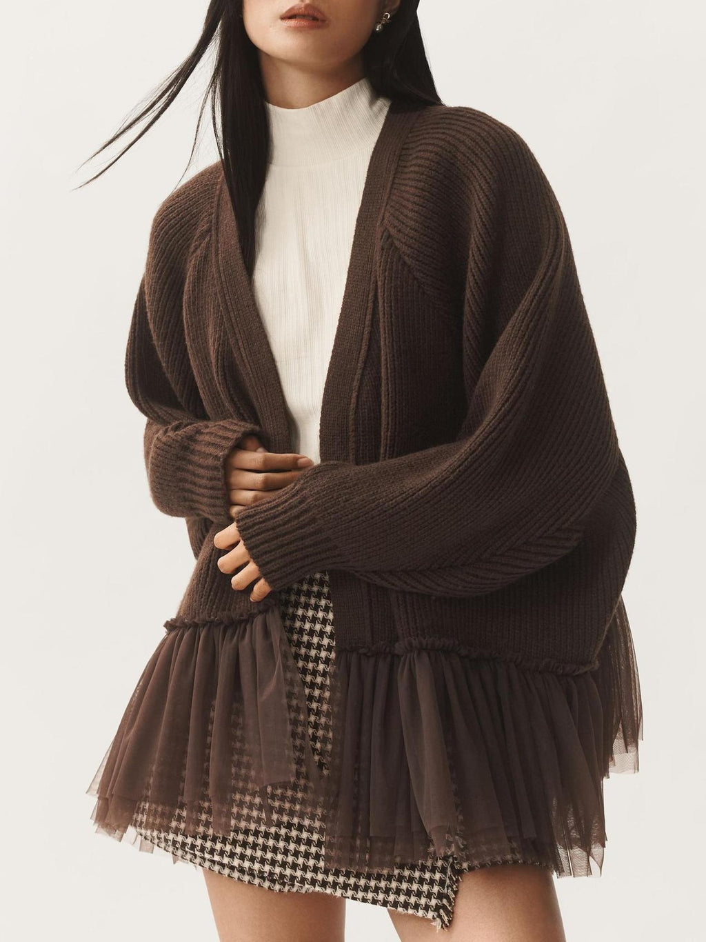 Oversized Ribbed Cardigan With Tulle Frill Hem - Brown