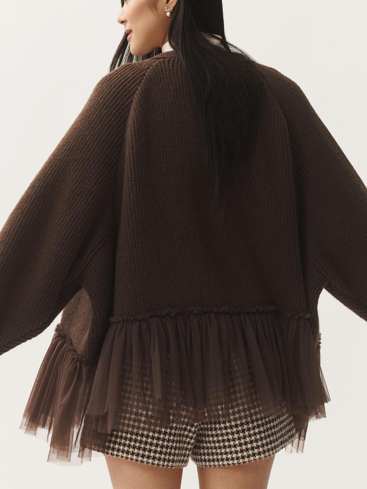 Oversized Ribbed Cardigan With Tulle Frill Hem - Brown - 2
