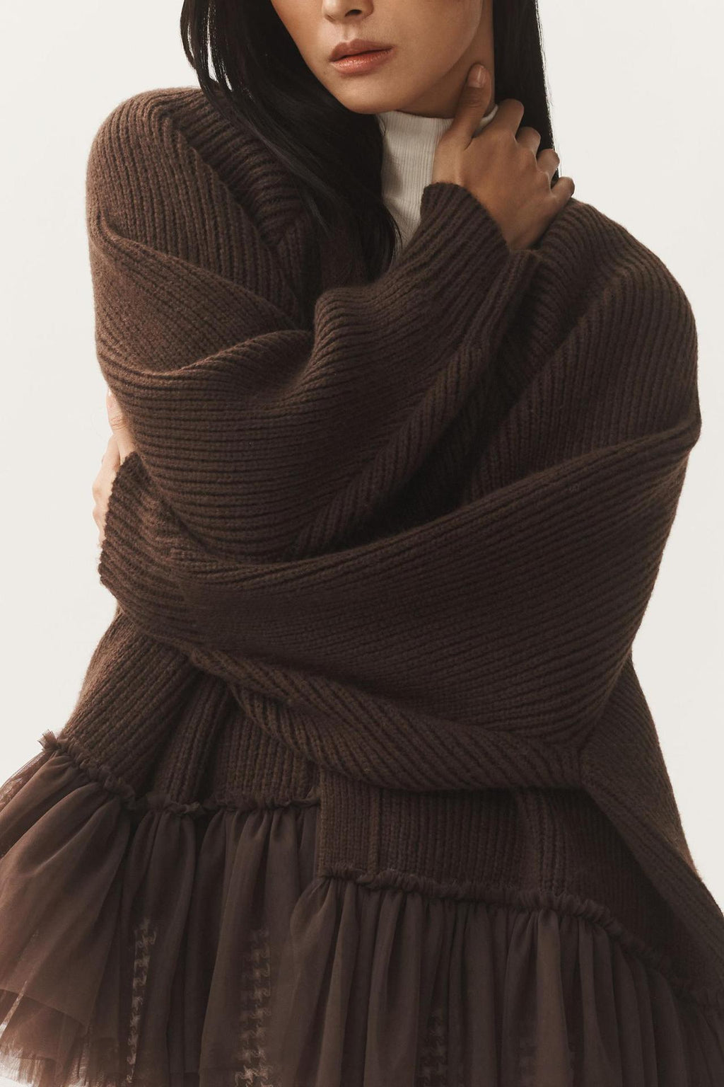 Oversized Ribbed Cardigan With Tulle Frill Hem - Brown - 3