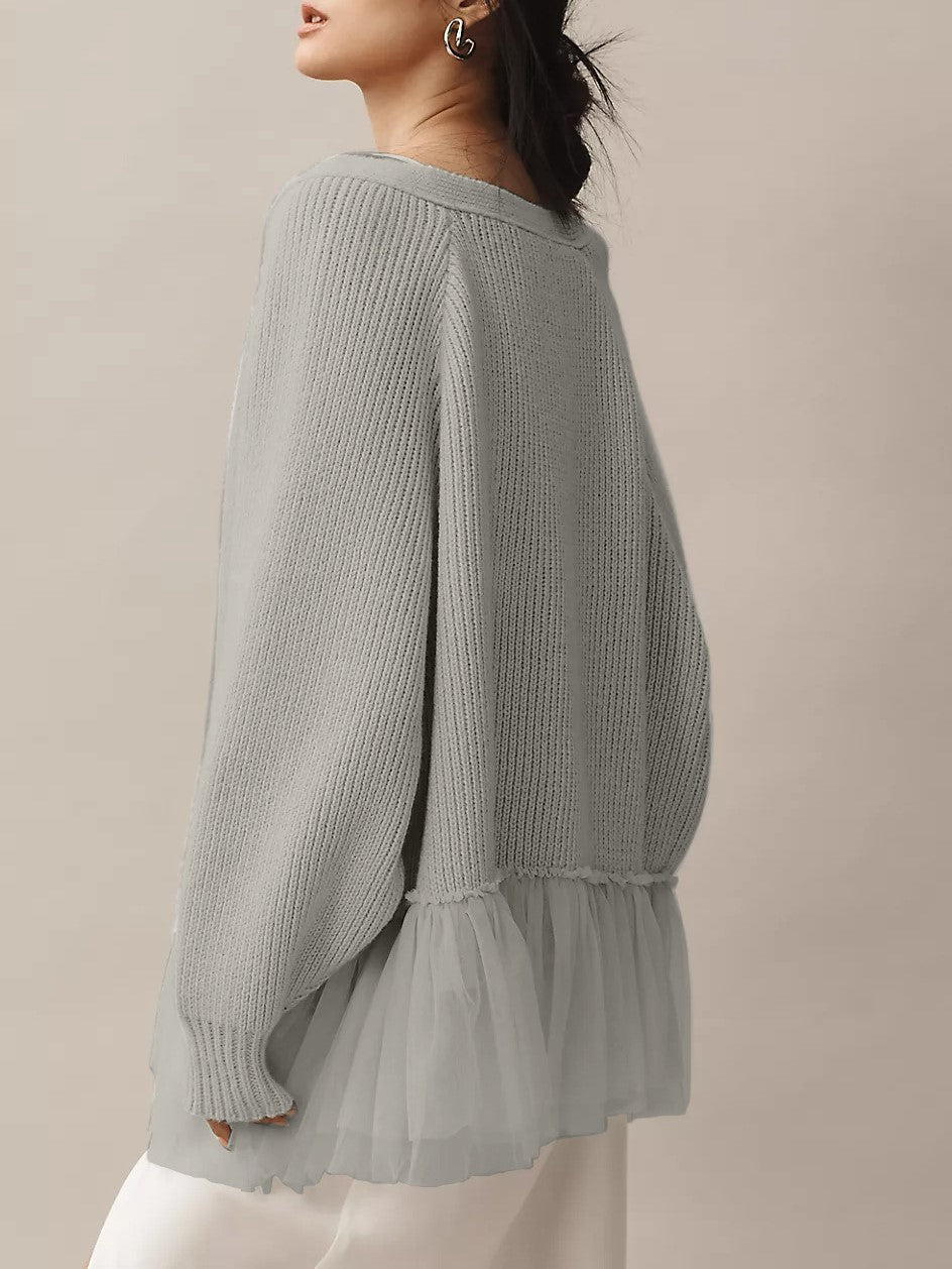 Oversized Ribbed Cardigan With Tulle Frill Hem - Grey