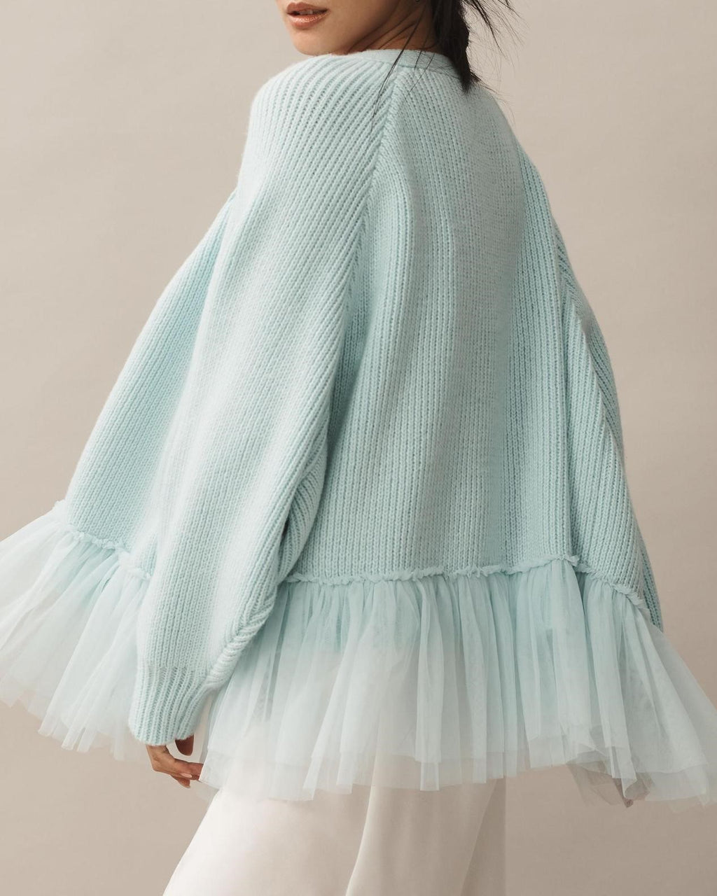 Oversized Ribbed Cardigan With Tulle Frill Hem - SkyBlue
