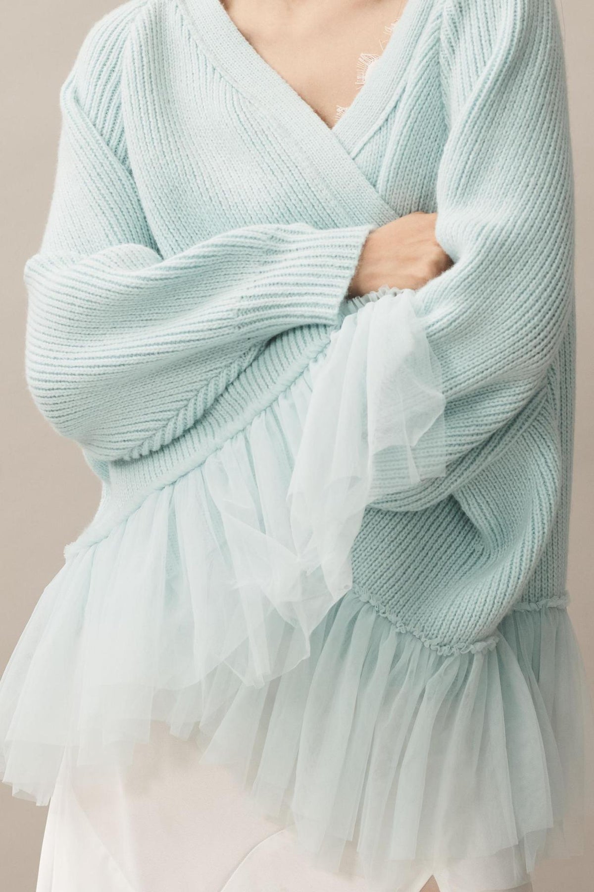Oversized Ribbed Cardigan With Tulle Frill Hem - SkyBlue - 2