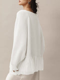Oversized Ribbed Cardigan With Tulle Frill Hem - White