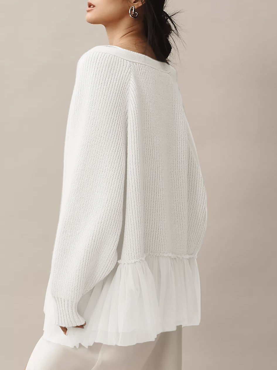 Oversized Ribbed Cardigan With Tulle Frill Hem - White