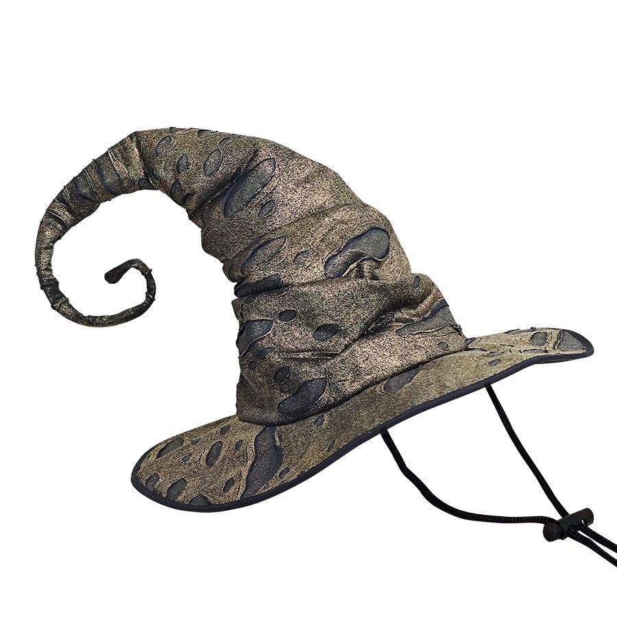 Distressed Witch Hat With Curled Point And Cord - Golden