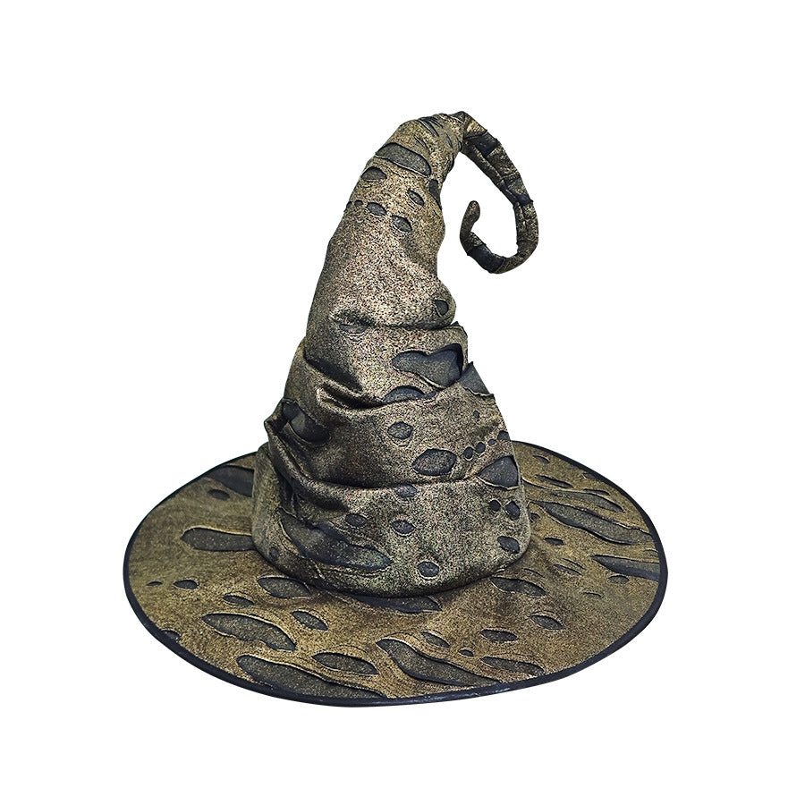 Distressed Witch Hat With Curled Point And Cord - Golden - 1