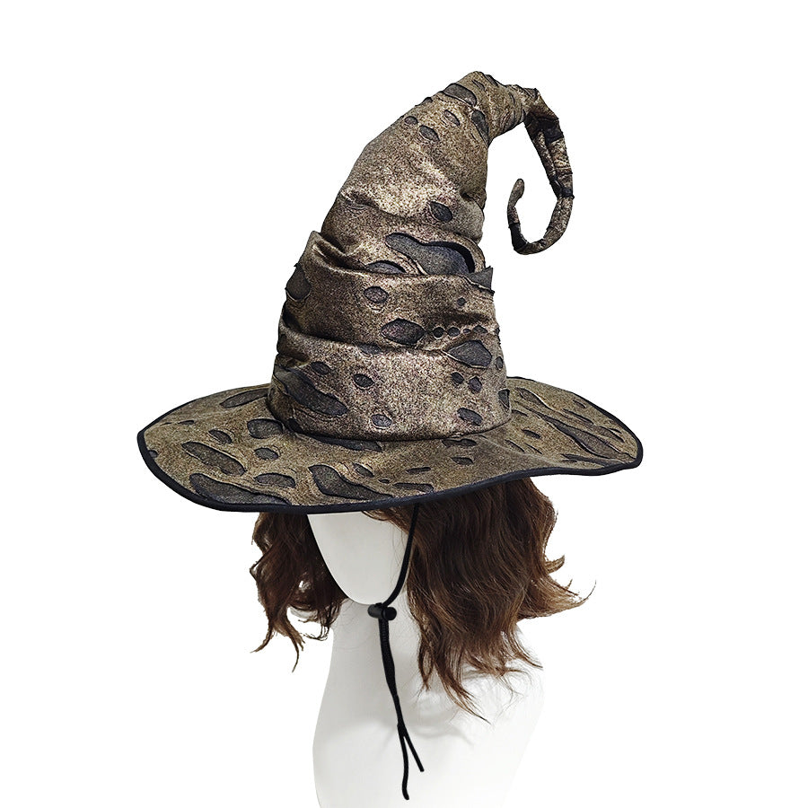 Distressed Witch Hat With Curled Point And Cord - Golden - 2