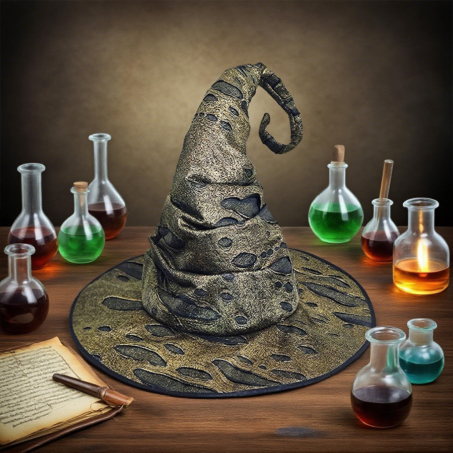 Distressed Witch Hat With Curled Point And Cord - Golden - 3