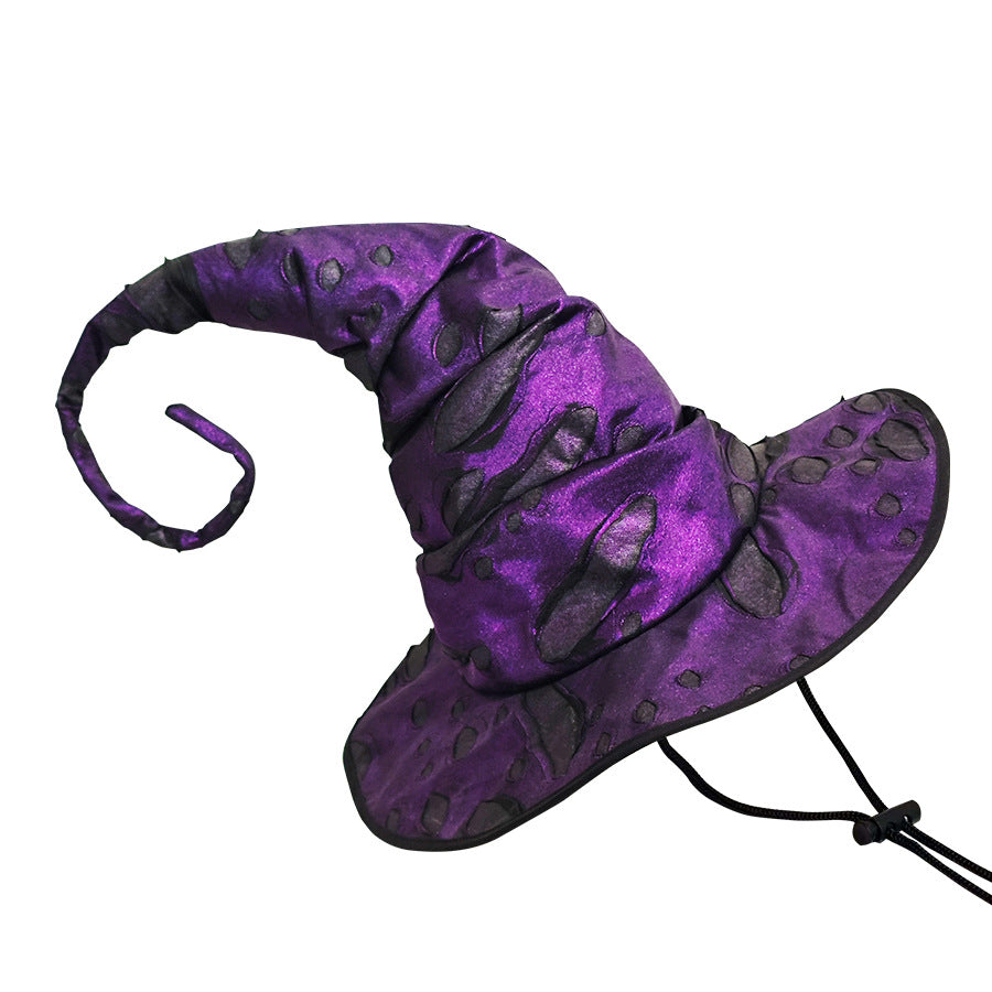 Distressed Witch Hat With Curled Point And Cord - Purple