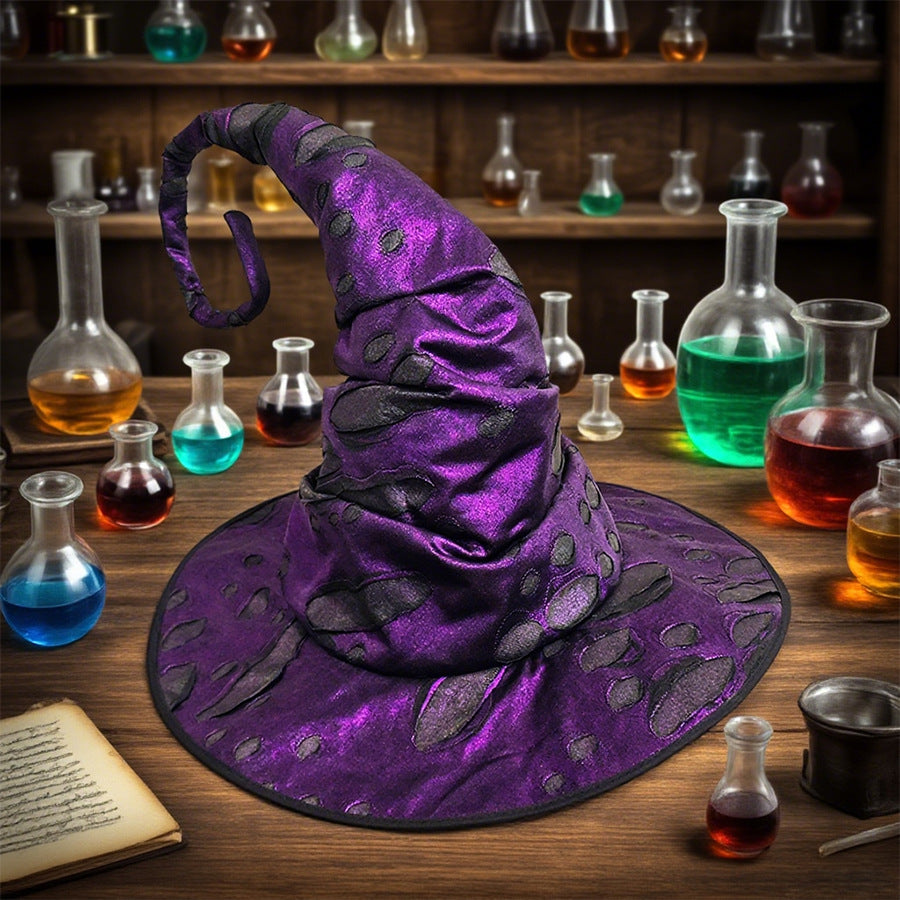 Distressed Witch Hat With Curled Point And Cord - Purple - 1