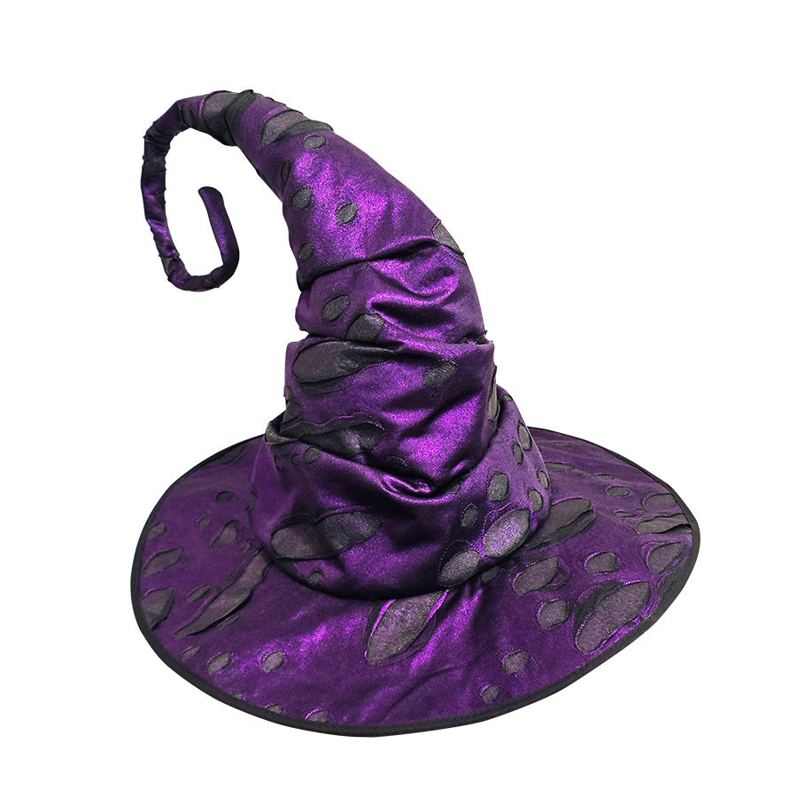 Distressed Witch Hat With Curled Point And Cord - Purple - 2
