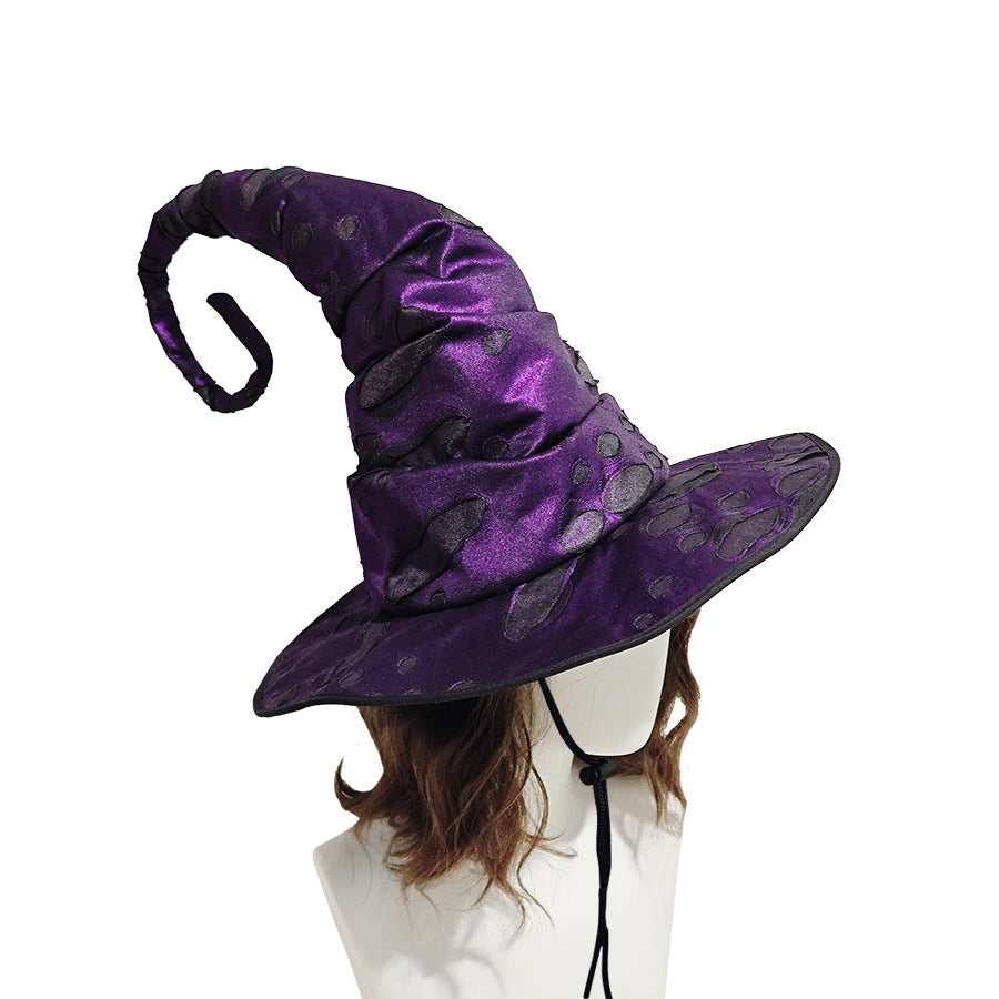 Distressed Witch Hat With Curled Point And Cord - Purple - 3