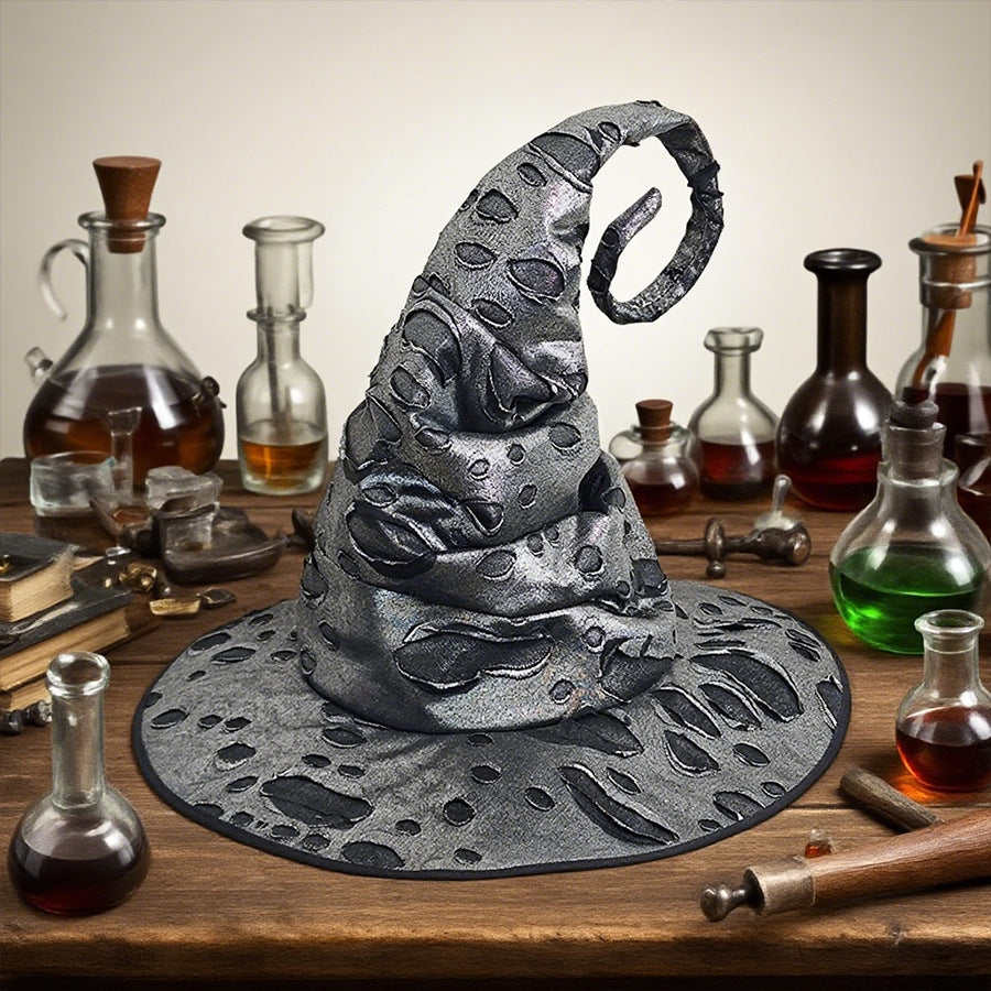 Distressed Witch Hat With Curled Point And Cord - Silver - 1