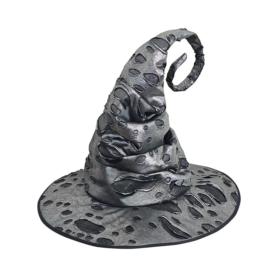 Distressed Witch Hat With Curled Point And Cord - Silver - 2