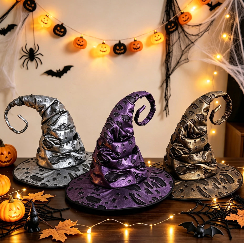 Distressed Witch Hat With Curled Point And Cord