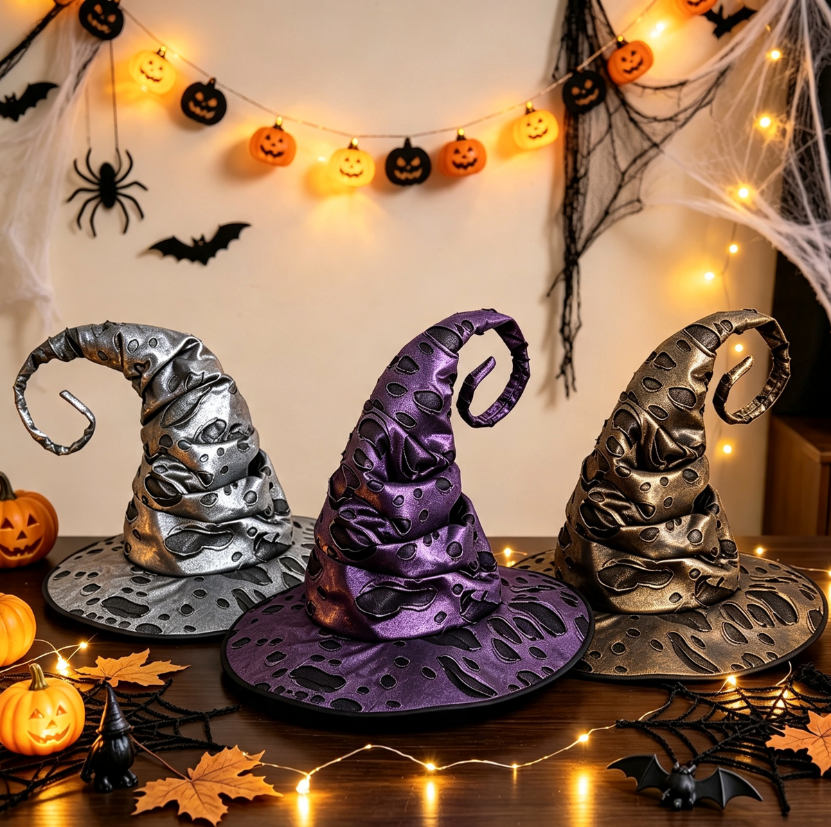 Distressed Witch Hat With Curled Point And Cord - view 2