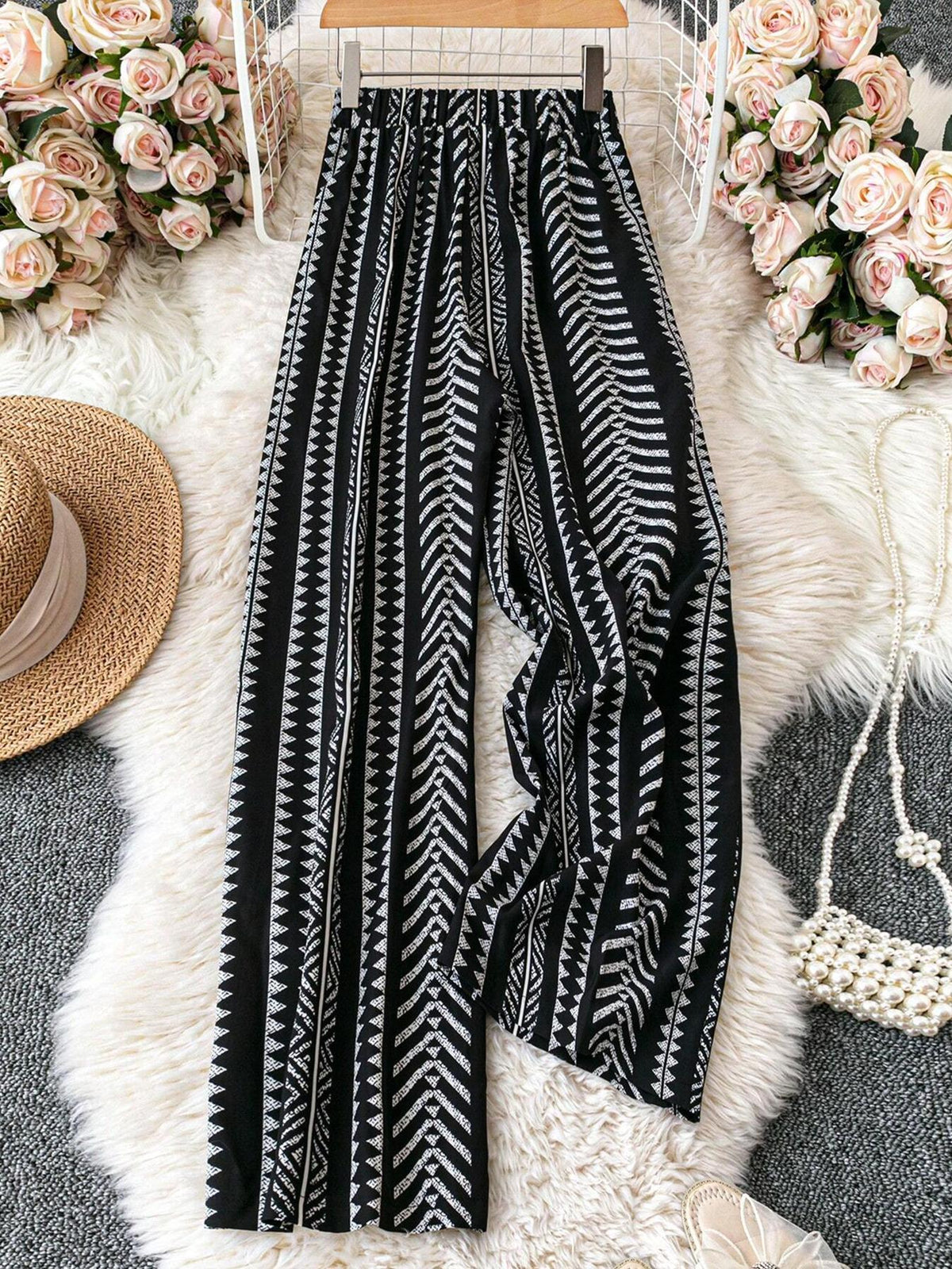 Tie Waist Wide Leg Pants With Geo Stripes - Black - 1