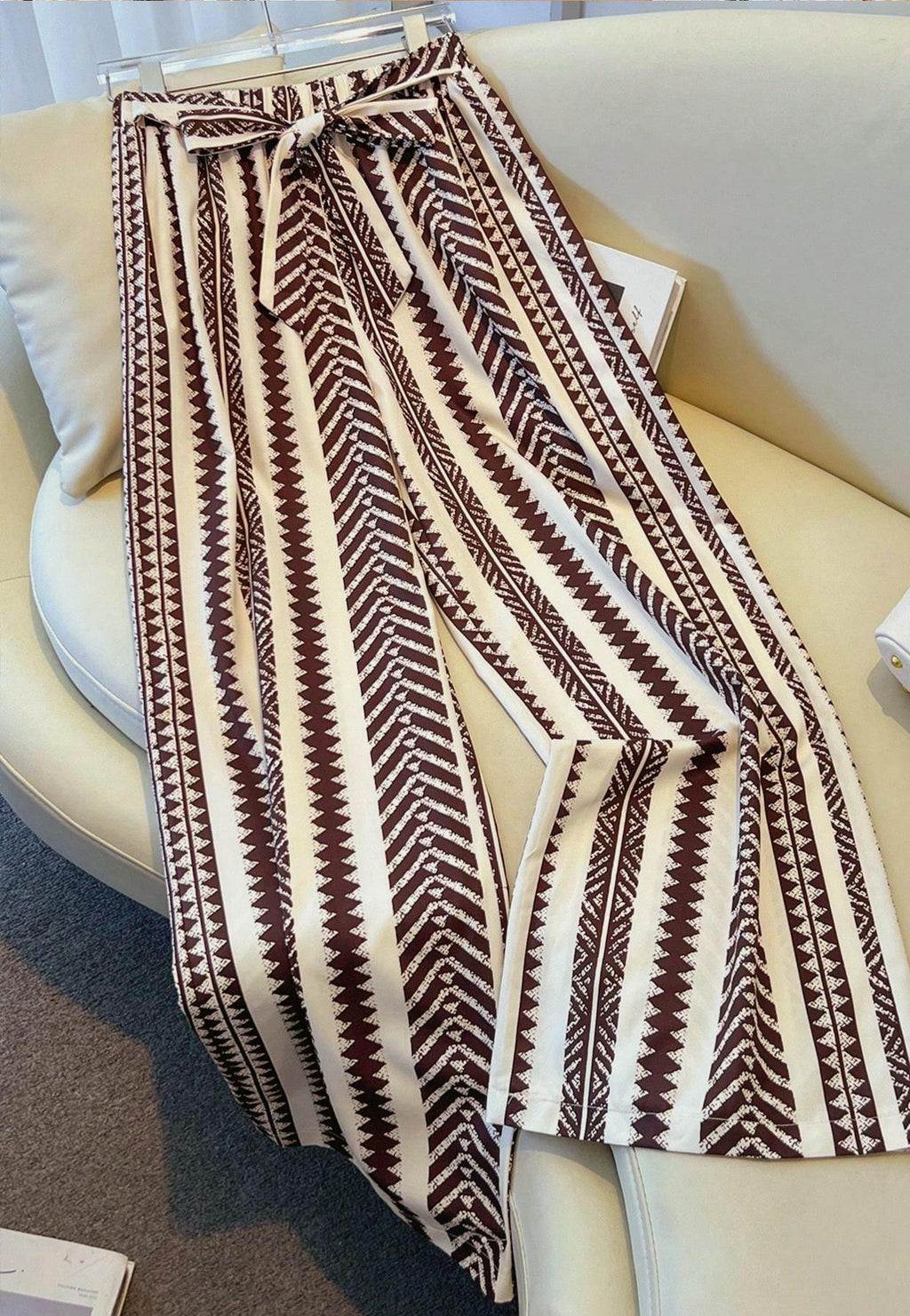 Tie Waist Wide Leg Pants With Geo Stripes - Red - 1