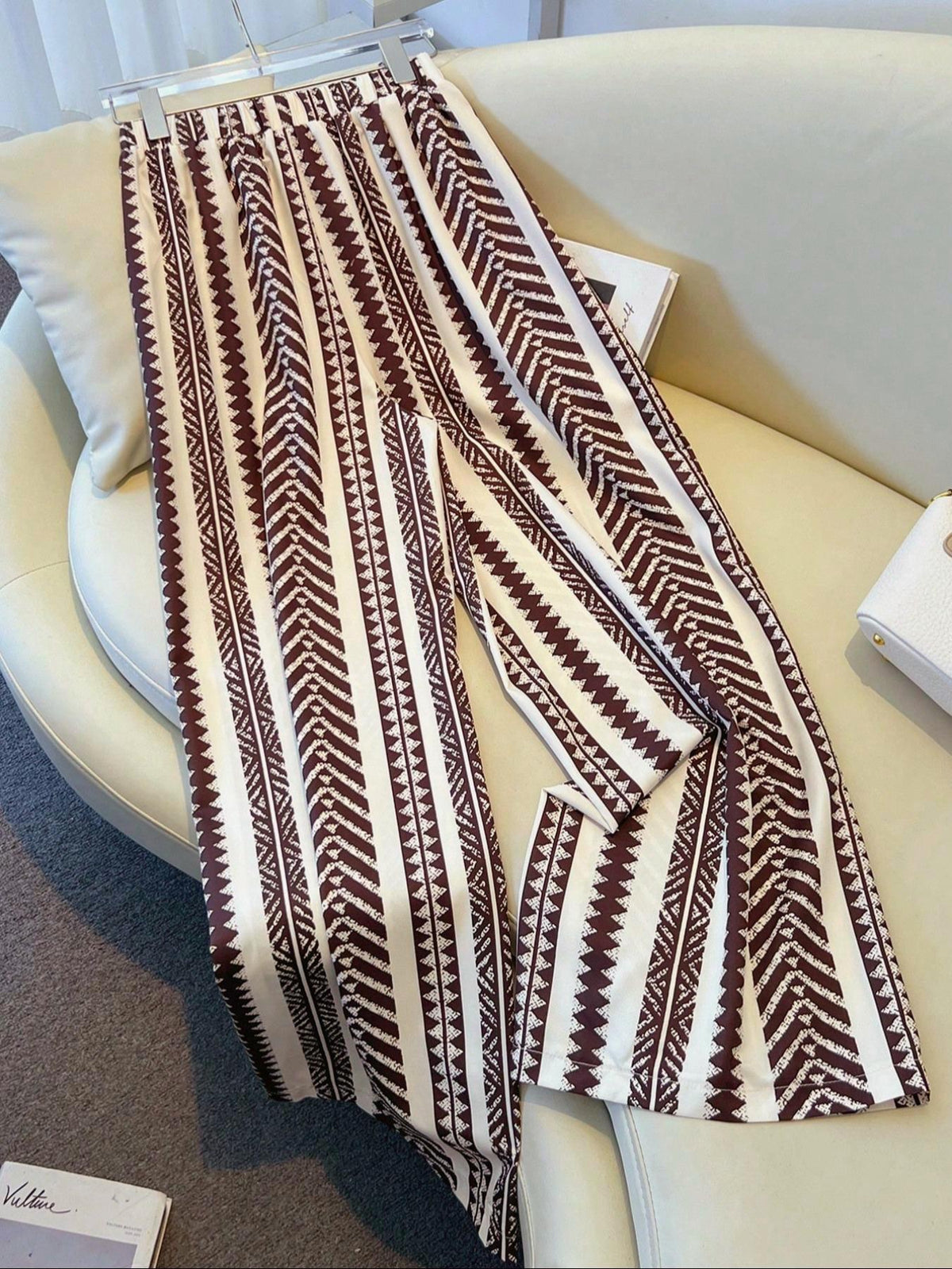 Tie Waist Wide Leg Pants With Geo Stripes - Red - 2