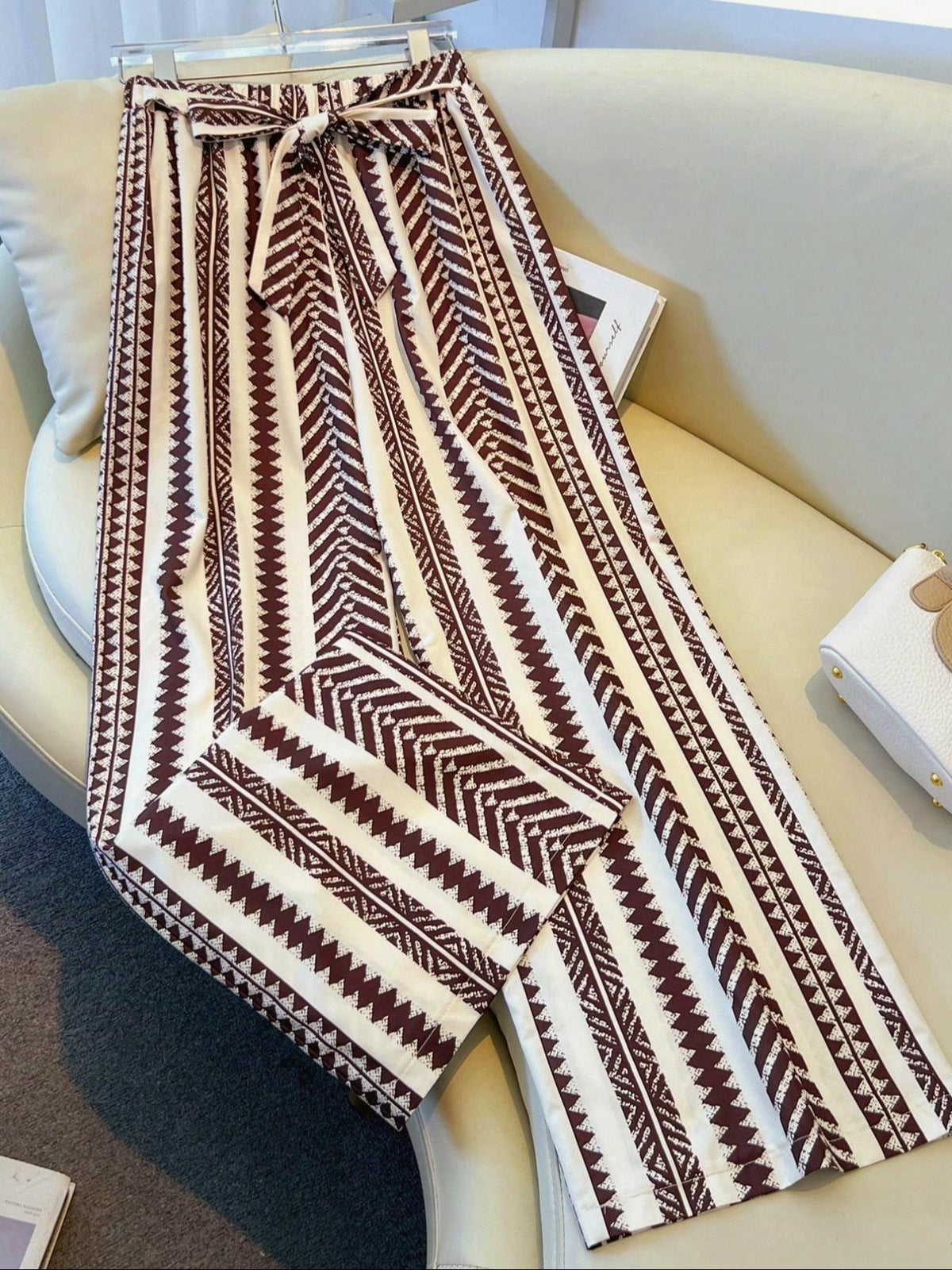 Tie Waist Wide Leg Pants With Geo Stripes - Red - 4