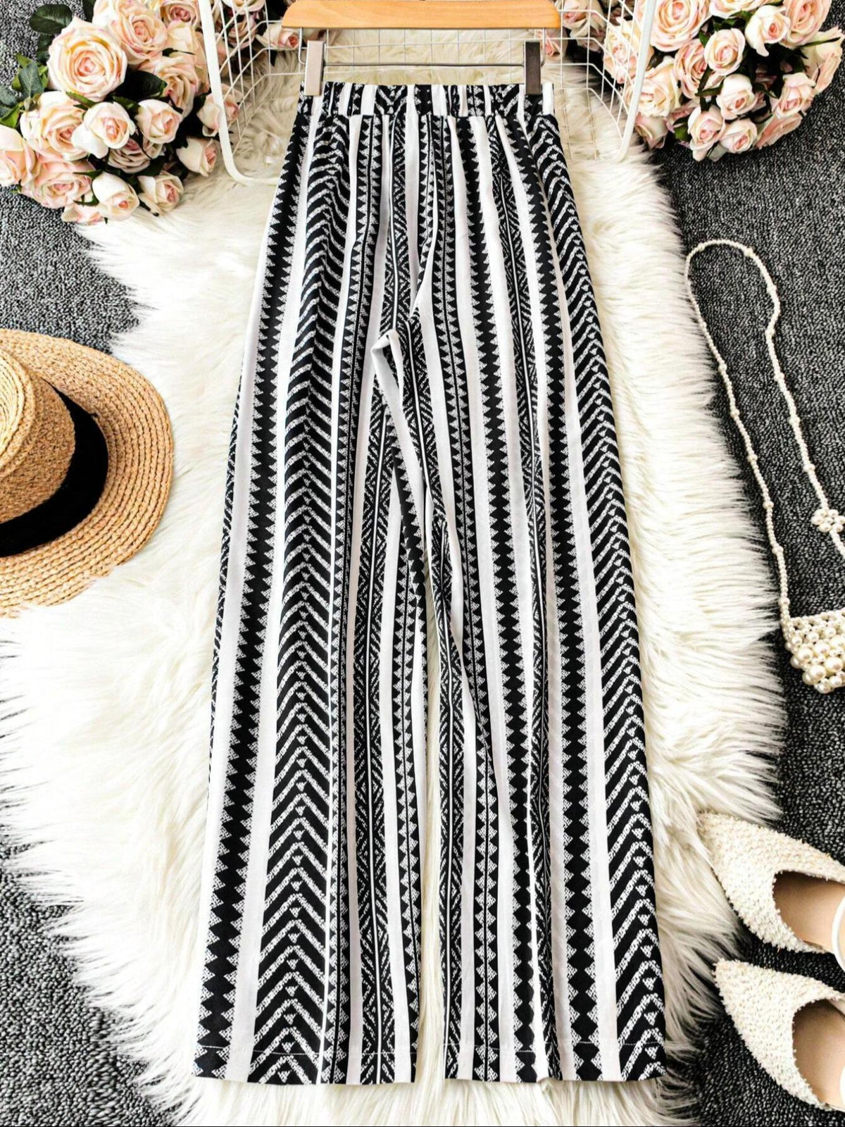 Tie Waist Wide Leg Pants With Geo Stripes - White - 1