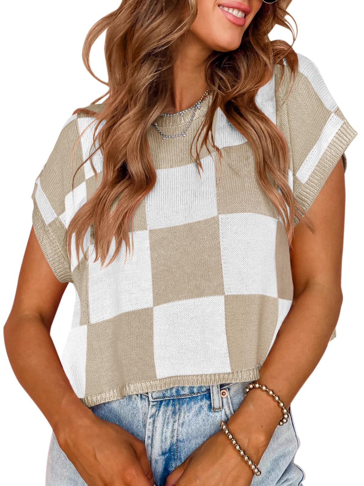 Cropped Checkerboard Knit Top With Cuffed Sleeves - Apricot