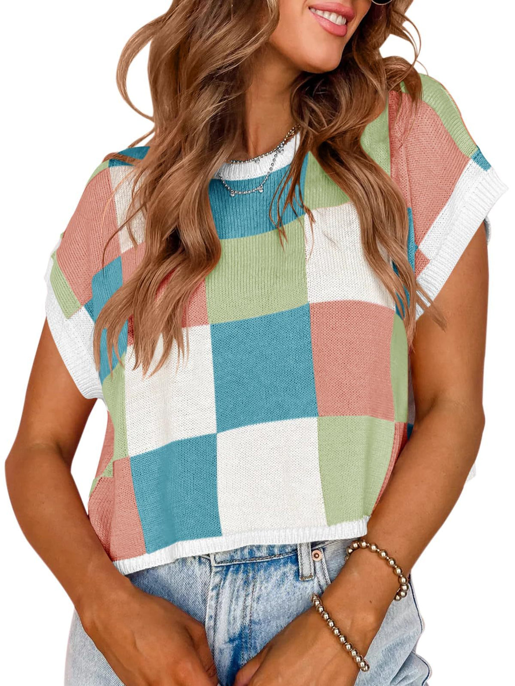 Cropped Checkerboard Knit Top With Cuffed Sleeves - Green