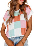 Cropped Checkerboard Knit Top With Cuffed Sleeves - Orange